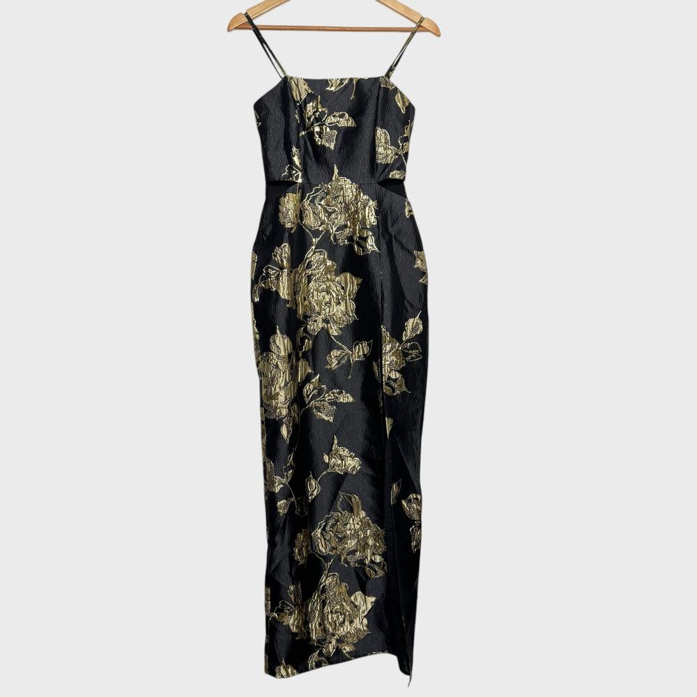 Lulus Charming Beauty XS Black Gold Floral Maxi Dress Wedding Guest V-Neck